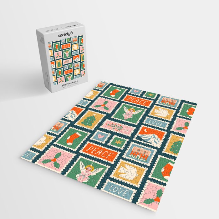 Vintage christmas postage stamp pattern Jigsaw Puzzle Gallery Image 2