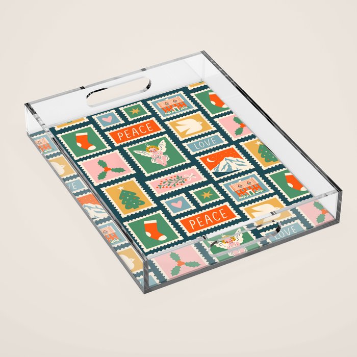 Vintage christmas postage stamp pattern Acrylic Tray Gallery Image 1