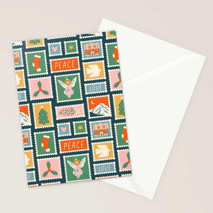 Vintage christmas postage stamp pattern Stationery Card Gallery Image 2