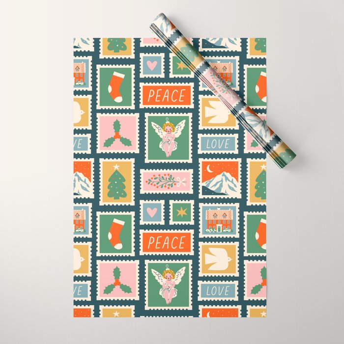 Vintage christmas postage stamp pattern Wrapping Paper Gallery Image 1