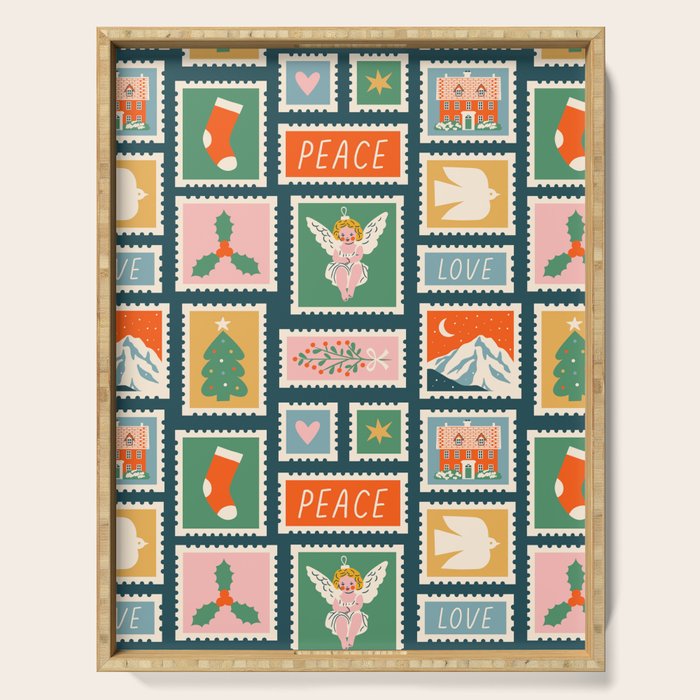 Vintage christmas postage stamp pattern Serving Tray Gallery Image 1