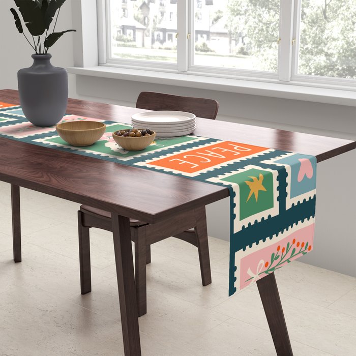Vintage christmas postage stamp pattern Table Runner Gallery Image 2