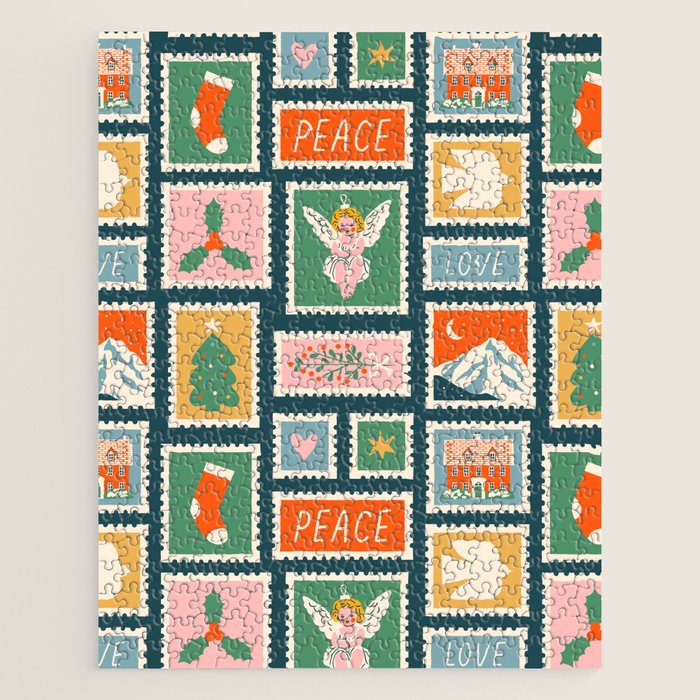 Vintage christmas postage stamp pattern Jigsaw Puzzle Gallery Image 1