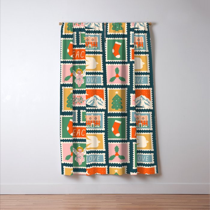 Vintage christmas postage stamp pattern Window Curtain Gallery Image 3