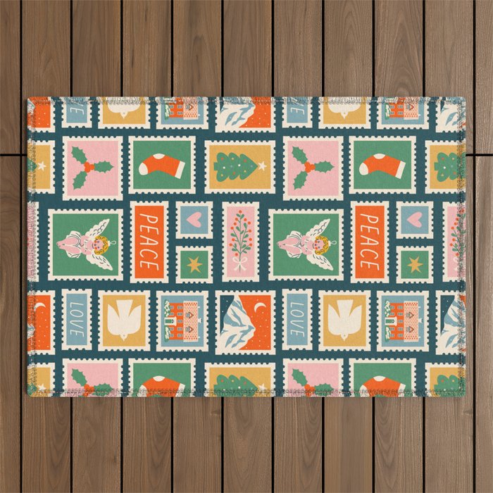 Vintage christmas postage stamp pattern Outdoor Rug Gallery Image 1