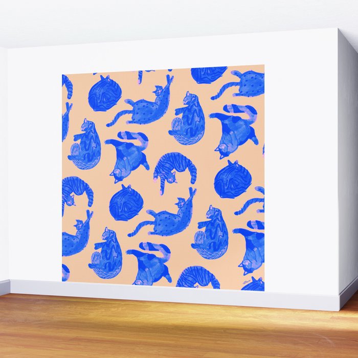 Sleepy Cozy Kitty Cats in Blue & Pink Wall Mural Gallery Image 2