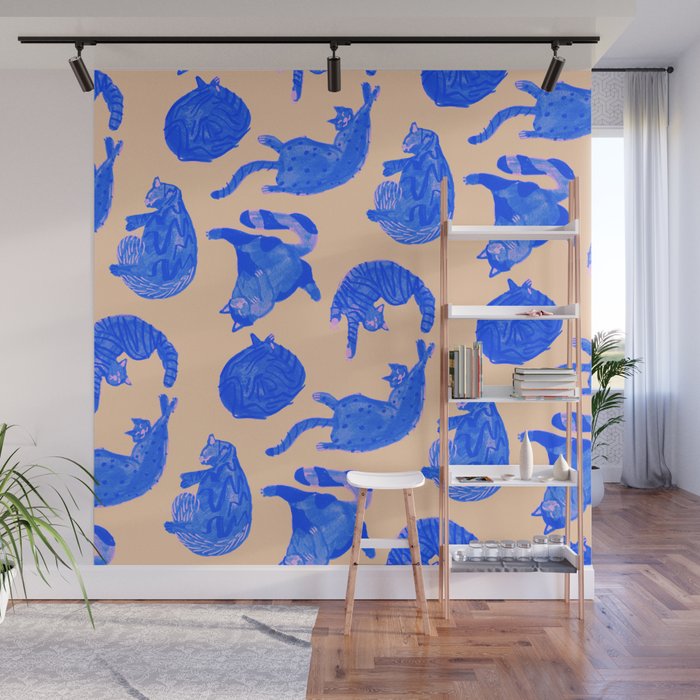 Sleepy Cozy Kitty Cats in Blue & Pink Wall Mural Gallery Image 1