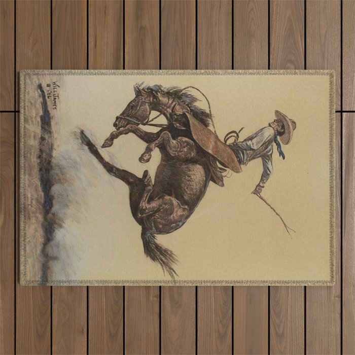 Bucking Horse Western Art by Will James Outdoor Rug Gallery Image 1