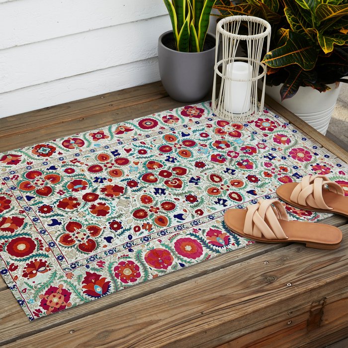 Antique Uzbek Suzani Embroidery Print Outdoor Rug Gallery Image 2