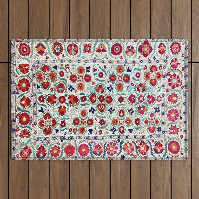 Antique Uzbek Suzani Embroidery Print Outdoor Rug Gallery Image 1
