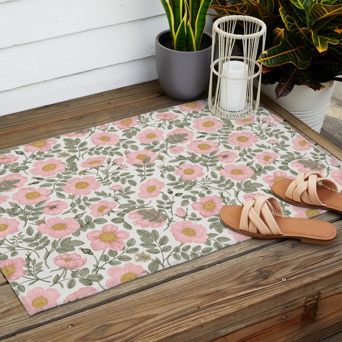 Wild Roses Cottage Garden Summer Floral Pattern Outdoor Rug Gallery Image 2