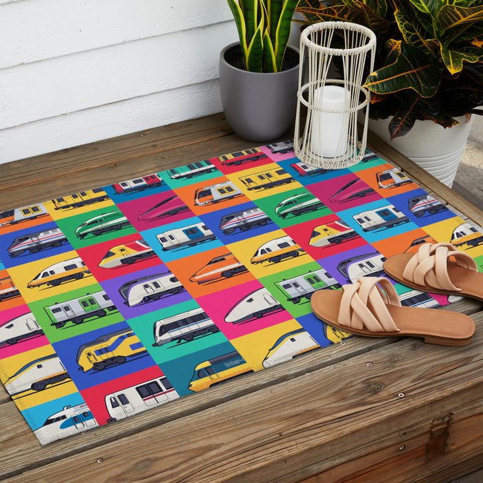 World Trains Grid Pattern Outdoor Rug Gallery Image 2