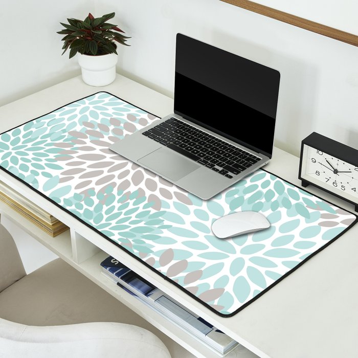 Floral Pattern, Teal, Aqua, Turquoise,Gray Desk Mat Gallery Image 2