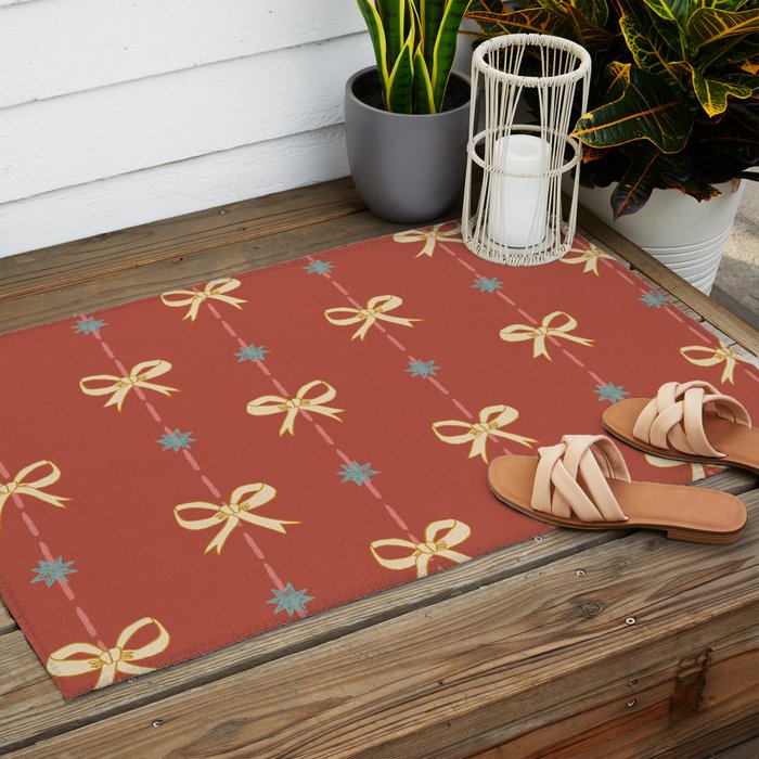 Cute Hair Bows & Stars in Burnt Red & Yellow Outdoor Rug Gallery Image 2