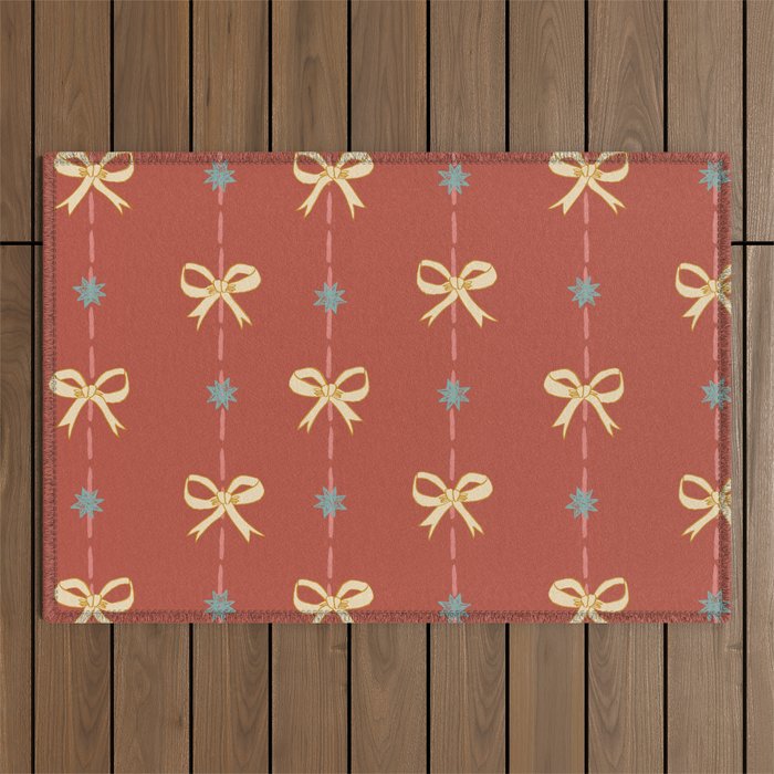 Cute Hair Bows & Stars in Burnt Red & Yellow Outdoor Rug Gallery Image 1