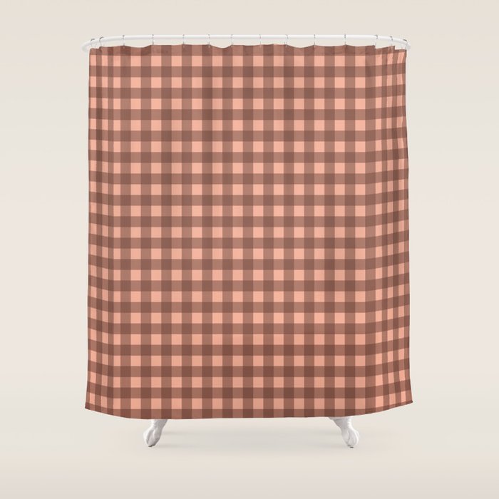Gingham Check Pattern in Brown and Salmon Shower Curtain Gallery Image 1