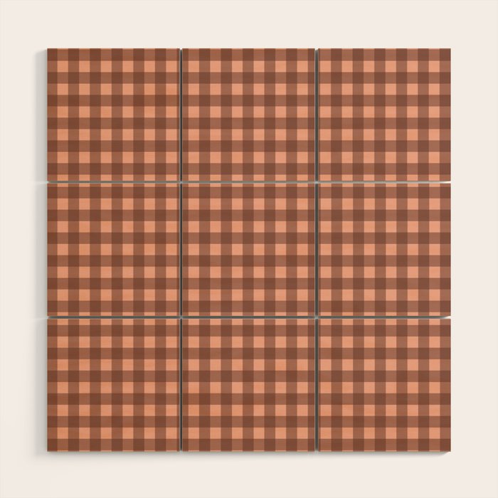Gingham Check Pattern in Brown and Salmon Wood Wall Art Gallery Image 1