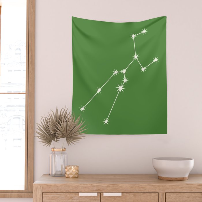 Taurus Zodiac Star Constellation Line Art Kelly Green Wall Tapestry Gallery Image 2