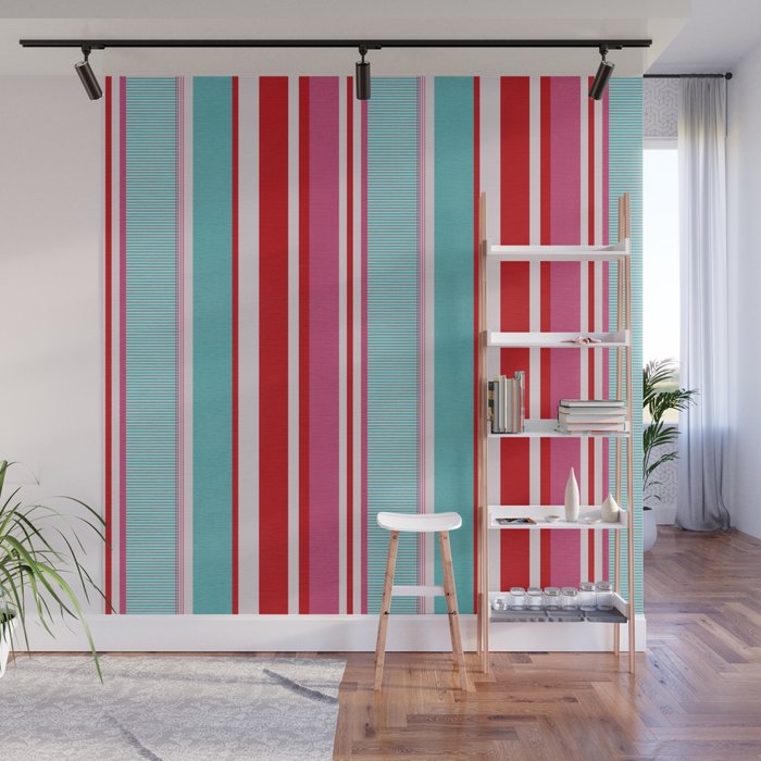 Bold Color Play Pink And Turquoise Stripes Wall Mural Gallery Image 1