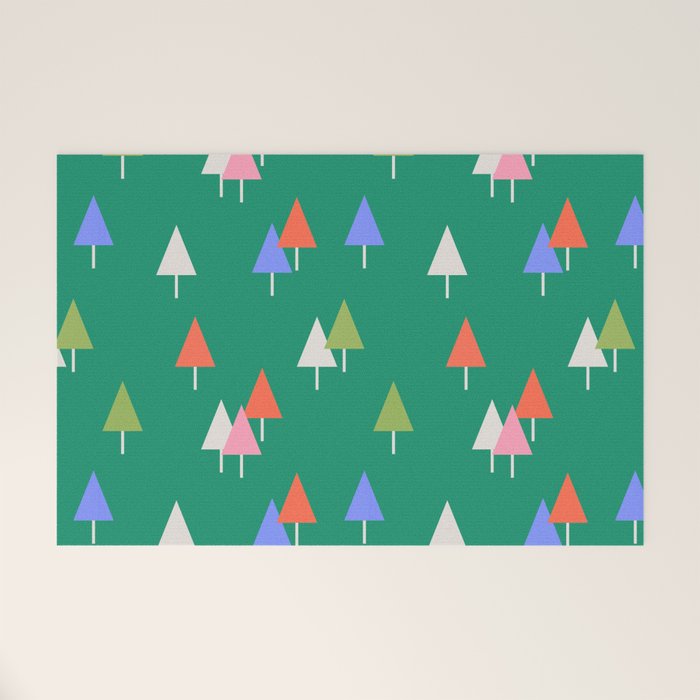 Minimalist Festive Trees on Green - Modern Holiday Pattern Welcome Mat Gallery Image 1