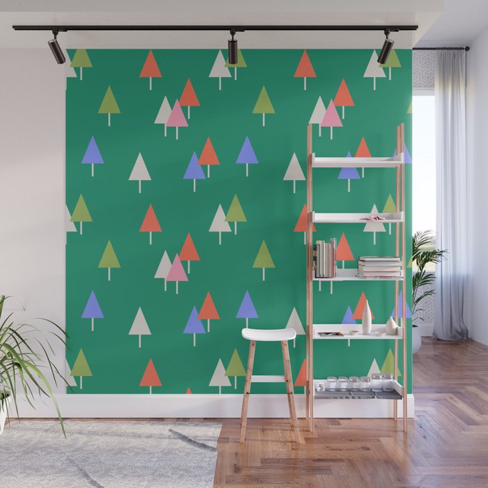 Minimalist Festive Trees on Green - Modern Holiday Pattern Wall Mural Gallery Image 1