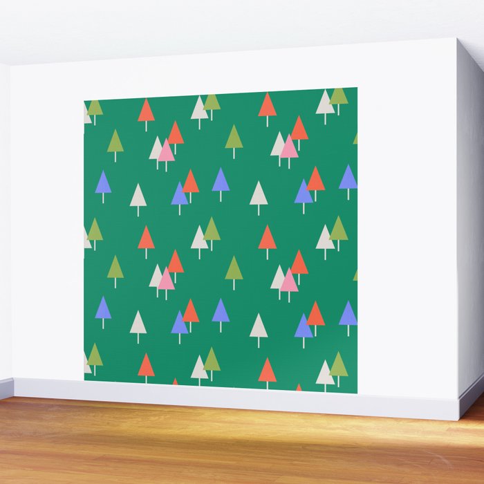 Minimalist Festive Trees on Green - Modern Holiday Pattern Wall Mural Gallery Image 2