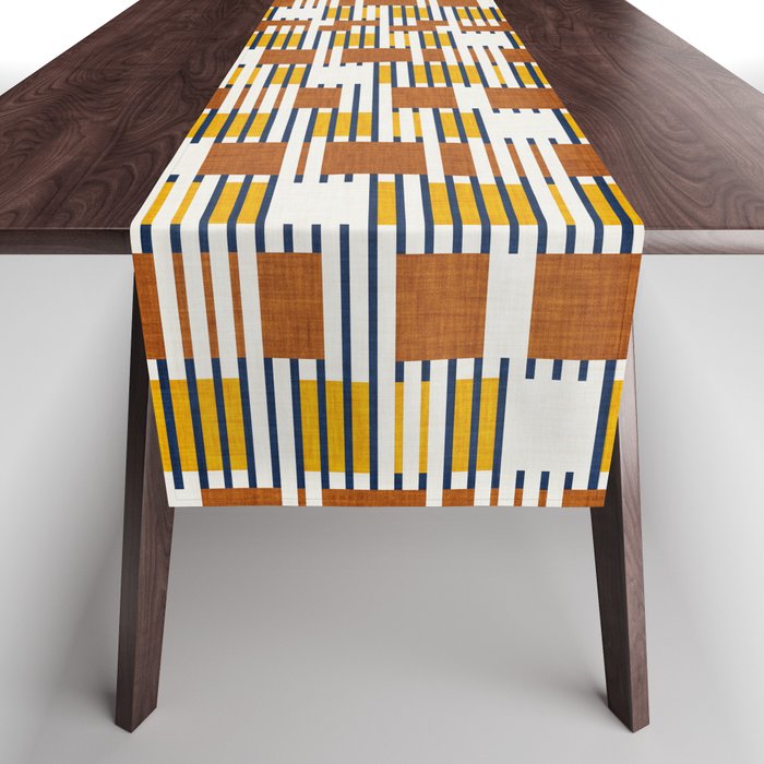 Bold minimalist retro stripes // midnight blue goldenrod yellow and copper brown geometric grid  Table Runner Gallery Image 1