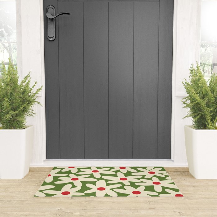 Daisy Time Floral Pattern in Christmas Holidays Red Green Cream Welcome Mat Gallery Image 3