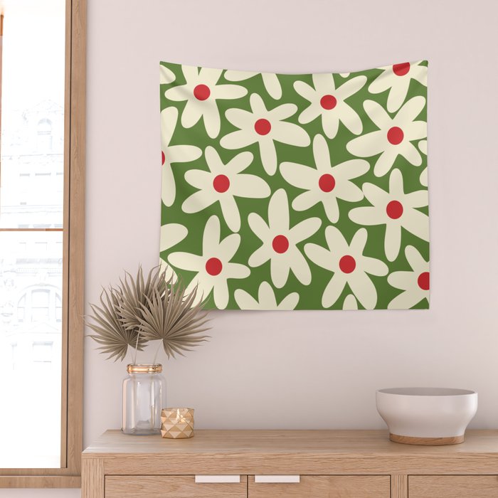 Daisy Time Floral Pattern in Christmas Holidays Red Green Cream Wall Tapestry Gallery Image 2