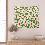 Daisy Time Floral Pattern in Christmas Holidays Red Green Cream Wall Tapestry Gallery Image 2