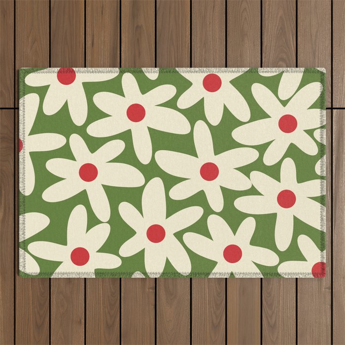 Daisy Time Floral Pattern in Christmas Holidays Red Green Cream Outdoor Rug Gallery Image 1