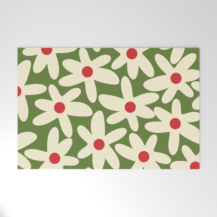 Daisy Time Floral Pattern in Christmas Holidays Red Green Cream Welcome Mat Gallery Image 1
