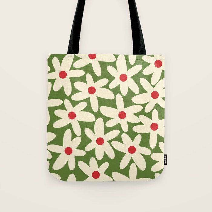 Daisy Time Floral Pattern in Christmas Holidays Red Green Cream Tote Bag Gallery Image 1