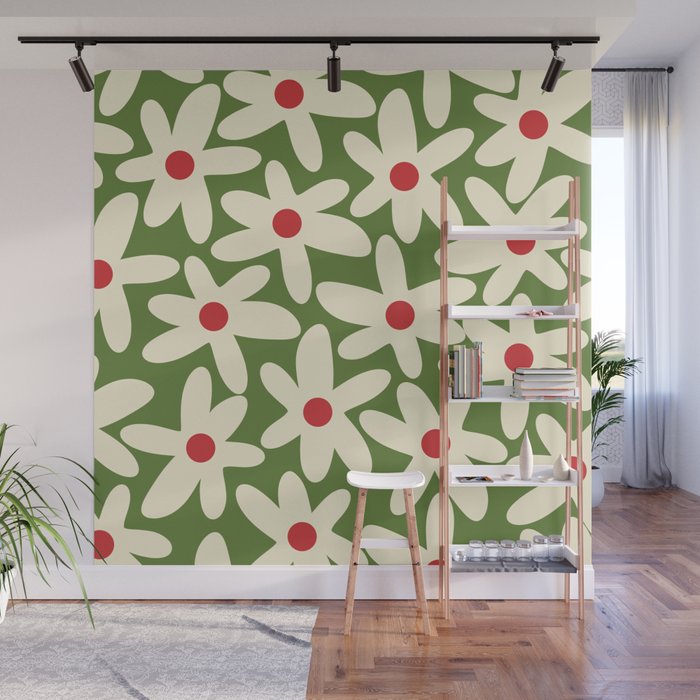 Daisy Time Floral Pattern in Christmas Holidays Red Green Cream Wall Mural Gallery Image 1