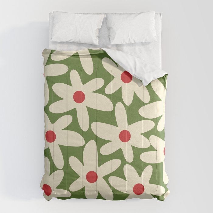 Daisy Time Floral Pattern in Christmas Holidays Red Green Cream Comforter Gallery Image 1