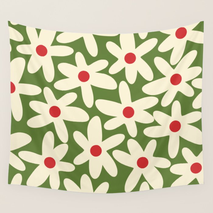 Daisy Time Floral Pattern in Christmas Holidays Red Green Cream Wall Tapestry Gallery Image 1