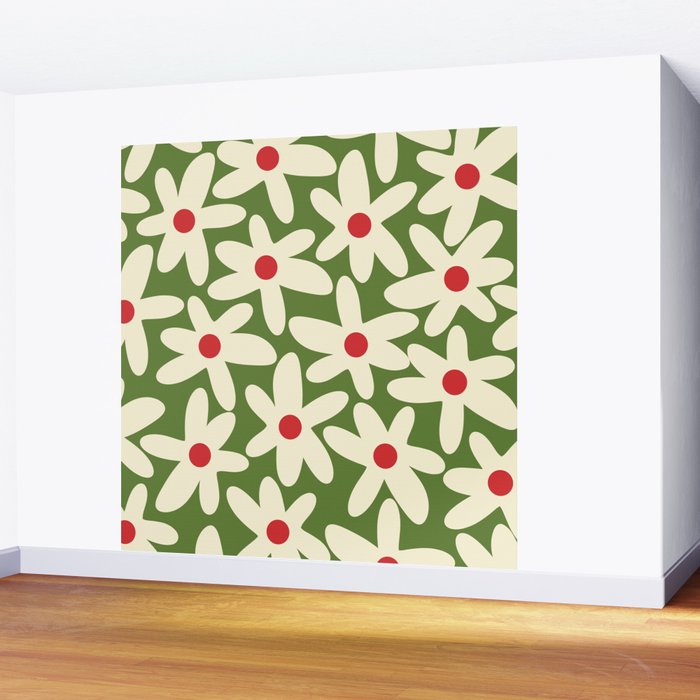 Daisy Time Floral Pattern in Christmas Holidays Red Green Cream Wall Mural Gallery Image 2