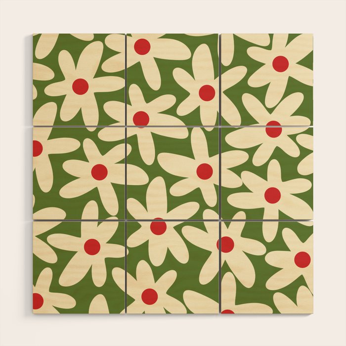 Daisy Time Floral Pattern in Christmas Holidays Red Green Cream Wood Wall Art Gallery Image 1