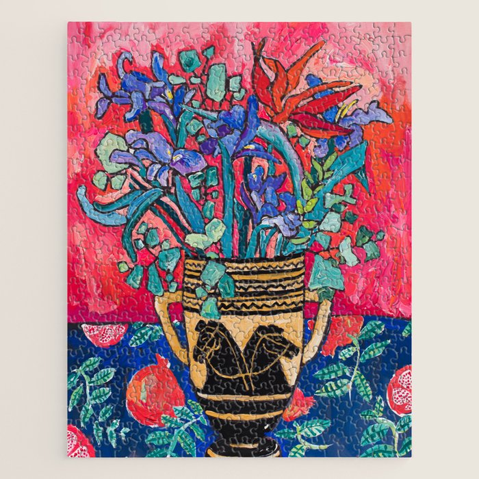 Persephone Painting - Bouquet of Iris and Strelitzia Flowers in Greek Horse Vase Against Coral Pink Jigsaw Puzzle Gallery Image 1