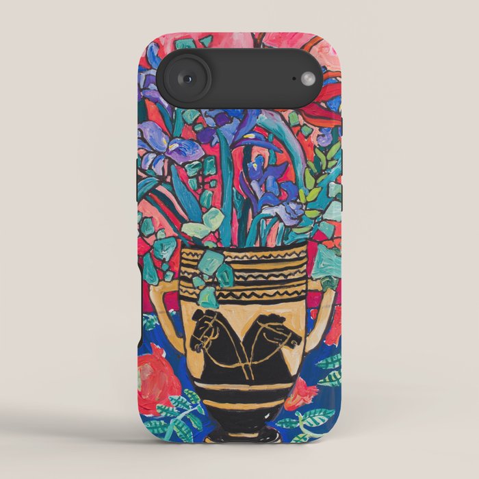 Persephone Painting - Bouquet of Iris and Strelitzia Flowers in Greek Horse Vase Against Coral Pink iPhone Case Gallery Image 2