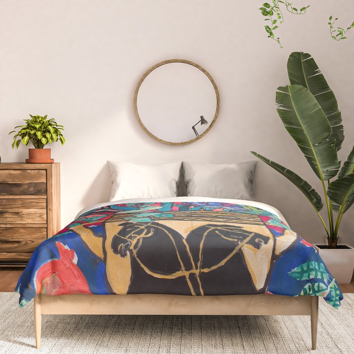 Persephone Painting - Bouquet of Iris and Strelitzia Flowers in Greek Horse Vase Against Coral Pink Comforter Gallery Image 3