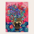 Persephone Painting - Bouquet of Iris and Strelitzia Flowers in Greek Horse Vase Against Coral Pink Poster Gallery Image 4