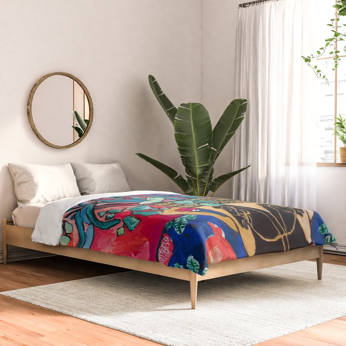 Persephone Painting - Bouquet of Iris and Strelitzia Flowers in Greek Horse Vase Against Coral Pink Comforter Gallery Image 2