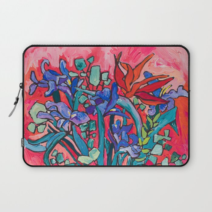 Persephone Painting - Bouquet of Iris and Strelitzia Flowers in Greek Horse Vase Against Coral Pink Laptop Sleeve Gallery Image 1