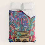 Persephone Painting - Bouquet of Iris and Strelitzia Flowers in Greek Horse Vase Against Coral Pink Duvet Cover Gallery Image 6