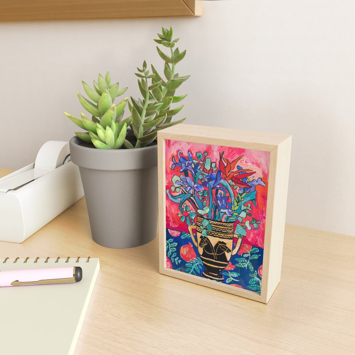 Persephone Painting - Bouquet of Iris and Strelitzia Flowers in Greek Horse Vase Against Coral Pink Mini Art Print Gallery Image 2