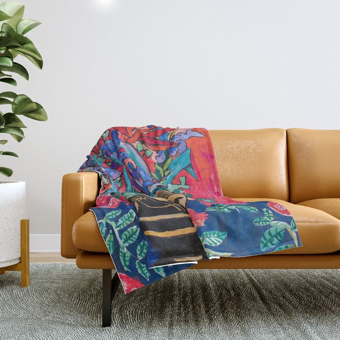 Persephone Painting - Bouquet of Iris and Strelitzia Flowers in Greek Horse Vase Against Coral Pink Throw Blanket Gallery Image 1