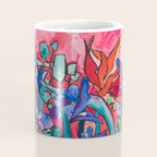 Persephone Painting - Bouquet of Iris and Strelitzia Flowers in Greek Horse Vase Against Coral Pink Coffee Mug Gallery Image 4