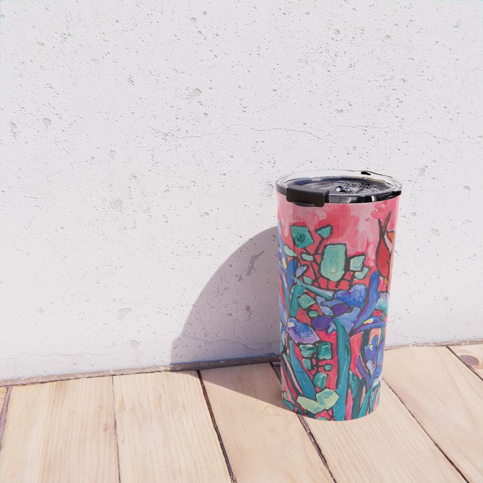 Persephone Painting - Bouquet of Iris and Strelitzia Flowers in Greek Horse Vase Against Coral Pink Travel Mug Gallery Image 4