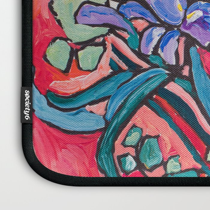 Persephone Painting - Bouquet of Iris and Strelitzia Flowers in Greek Horse Vase Against Coral Pink Laptop Sleeve Gallery Image 3